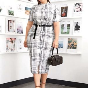 SHEIN Plus Size Mock-Neck Plaid Pencil Dress Without Belt